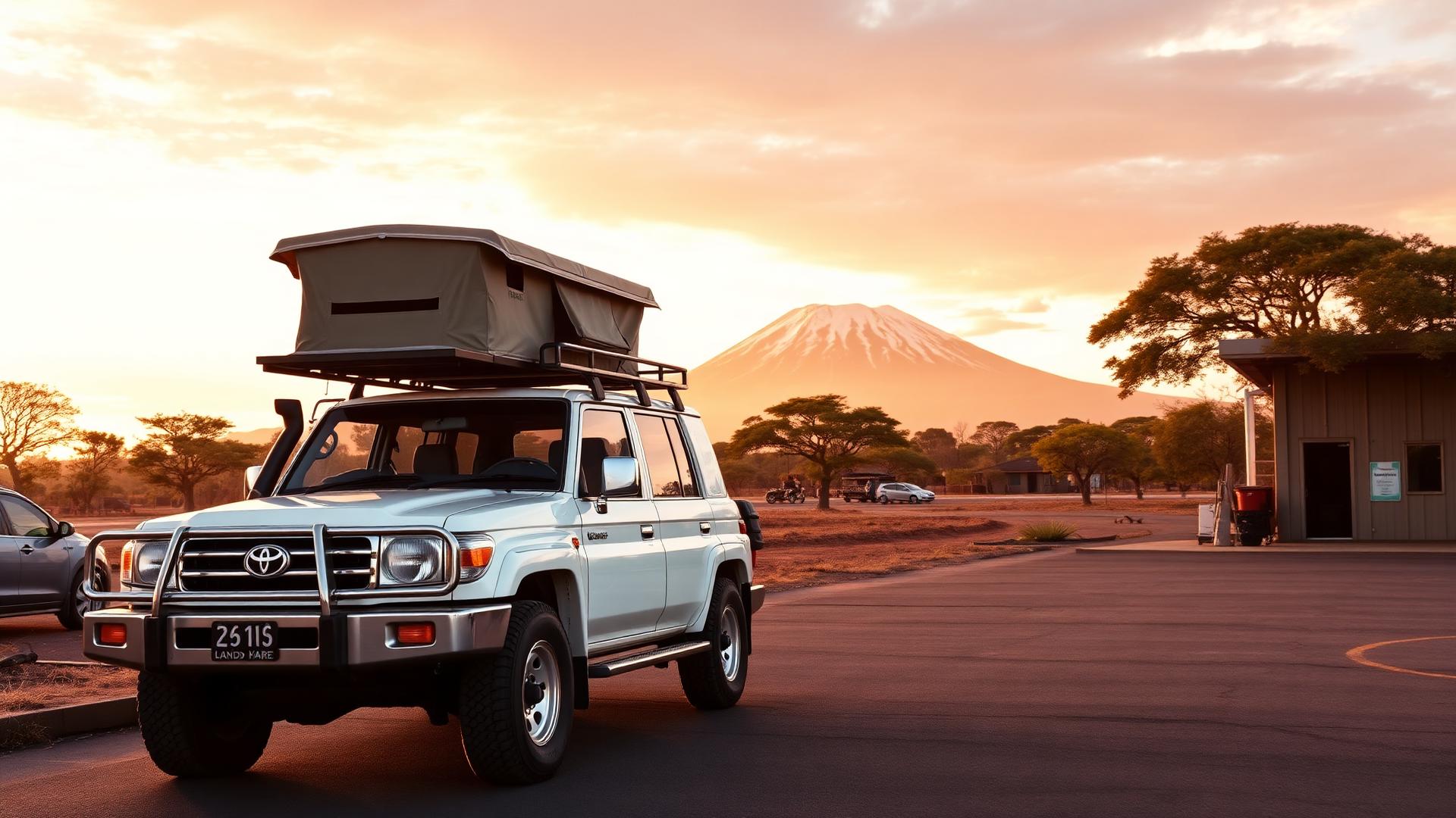 4x4 safari transfer vehicle at Kilimanjaro airport with Mount Kilimanjaro at sunrise