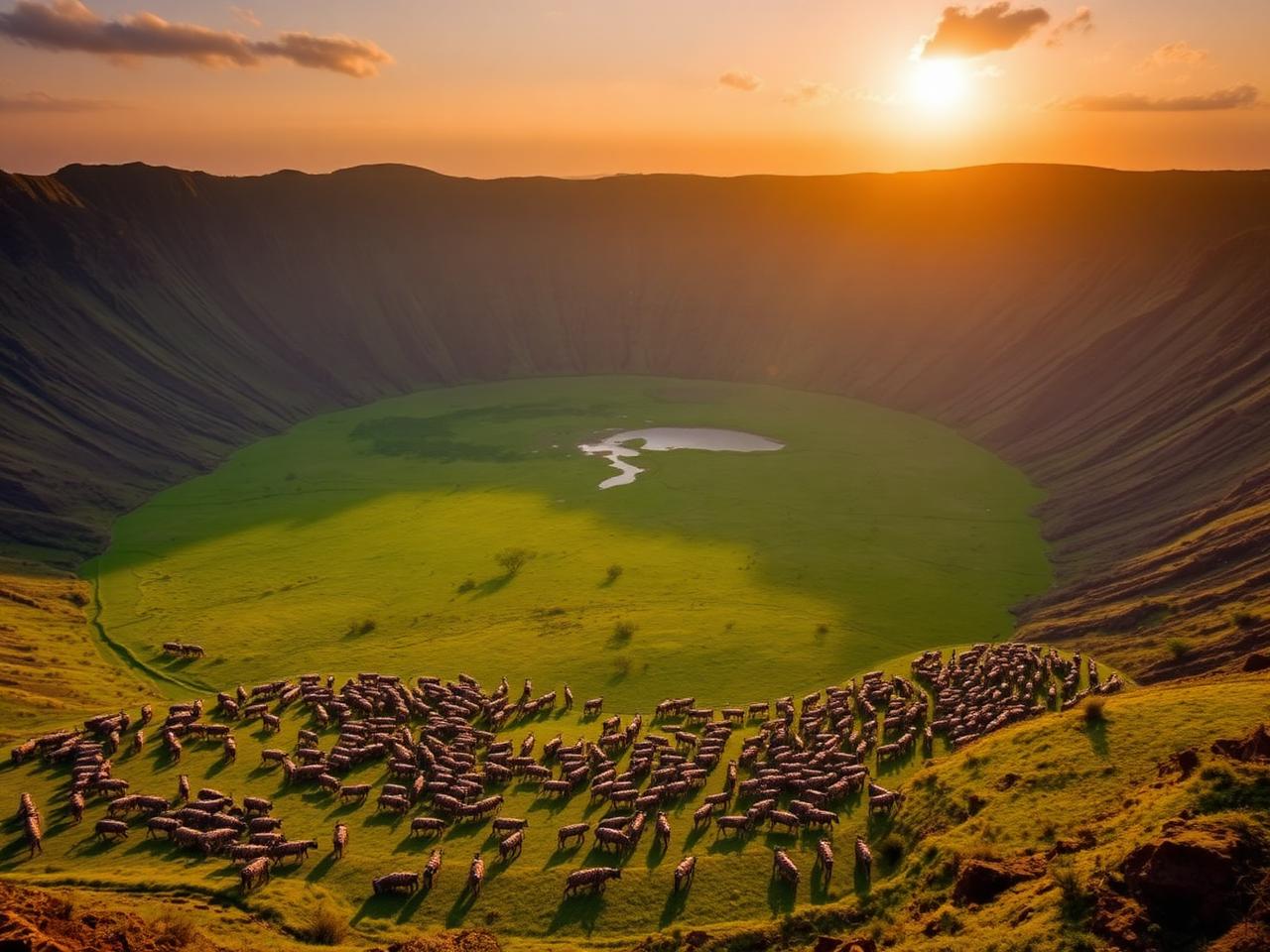 Ngorongoro Crater at golden hour with wildlife herds on the caldera floor