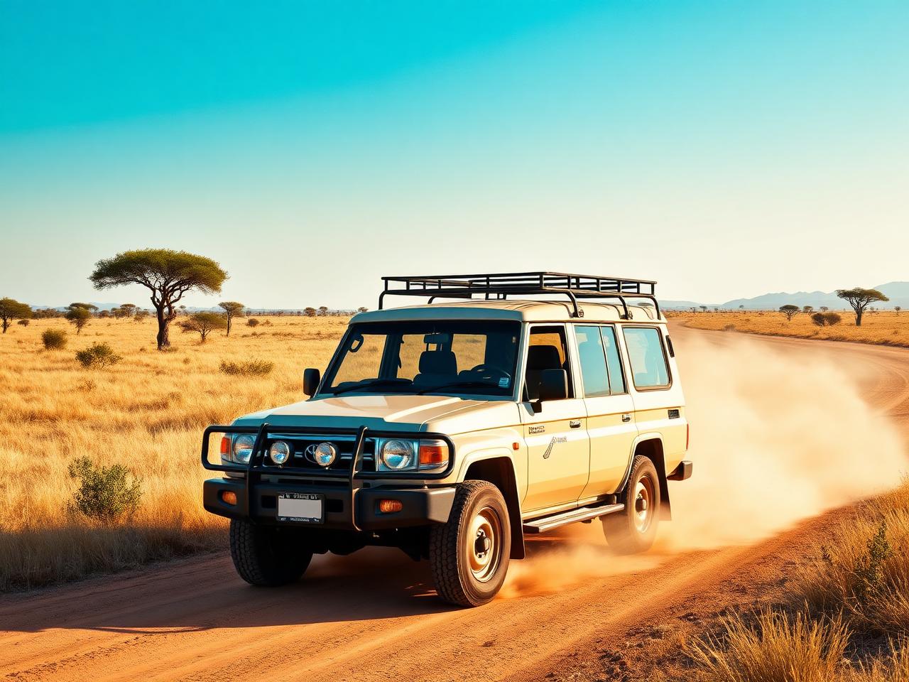 Toyota Land Cruiser 4x4 safari vehicle for hire driving through the Serengeti savanna