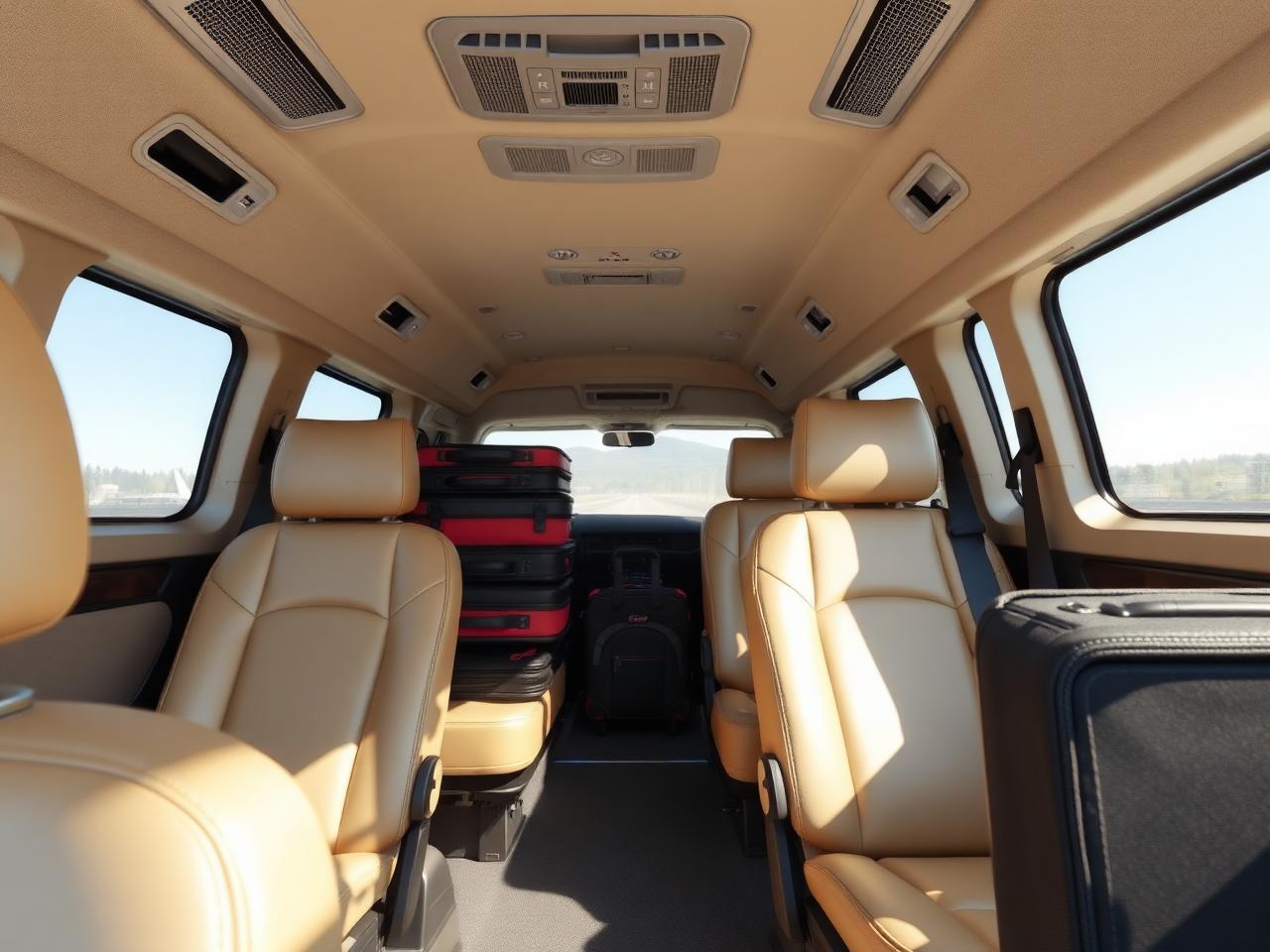 Clean, air-conditioned interior of a Tanzania Airport Transfer van with comfortable seats and luggage space
